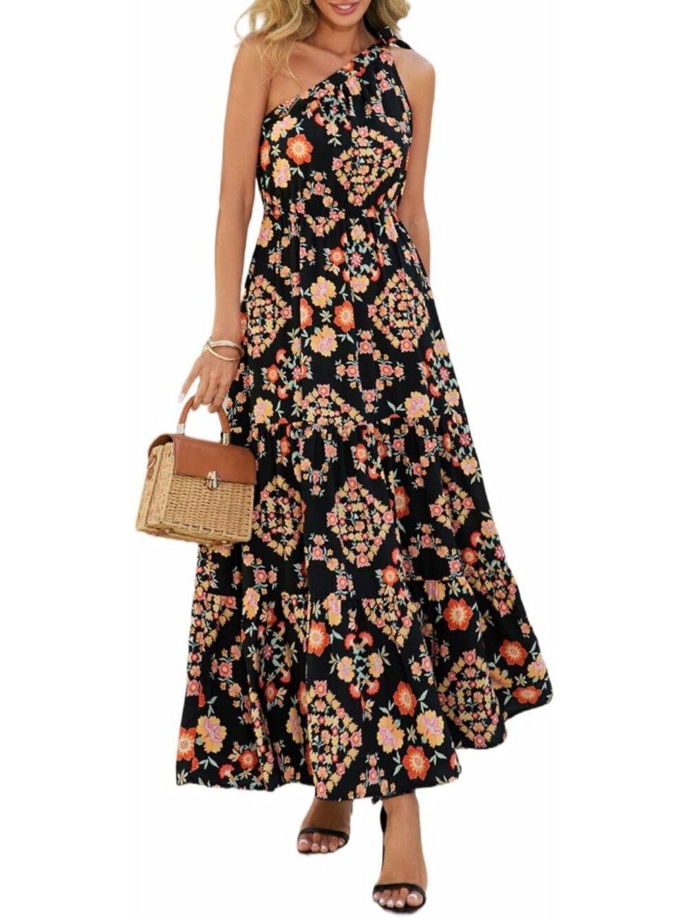 Women's Multicolored Sleeveless A Line One Shoulder Boho Floral Maxi Dresses
